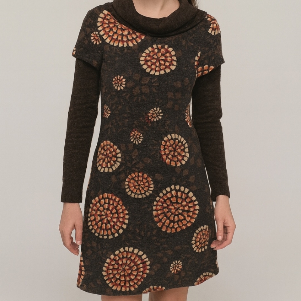 Aryeh‎ Cowl Neck Sweater Dress Brown Mosaic Print Size M Acrylic Blend